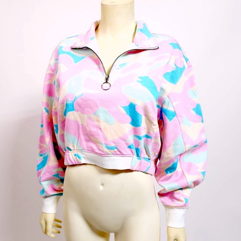 Pastel Watercolor Crop Zipper Cotton Hoodie by Abound Petite Small